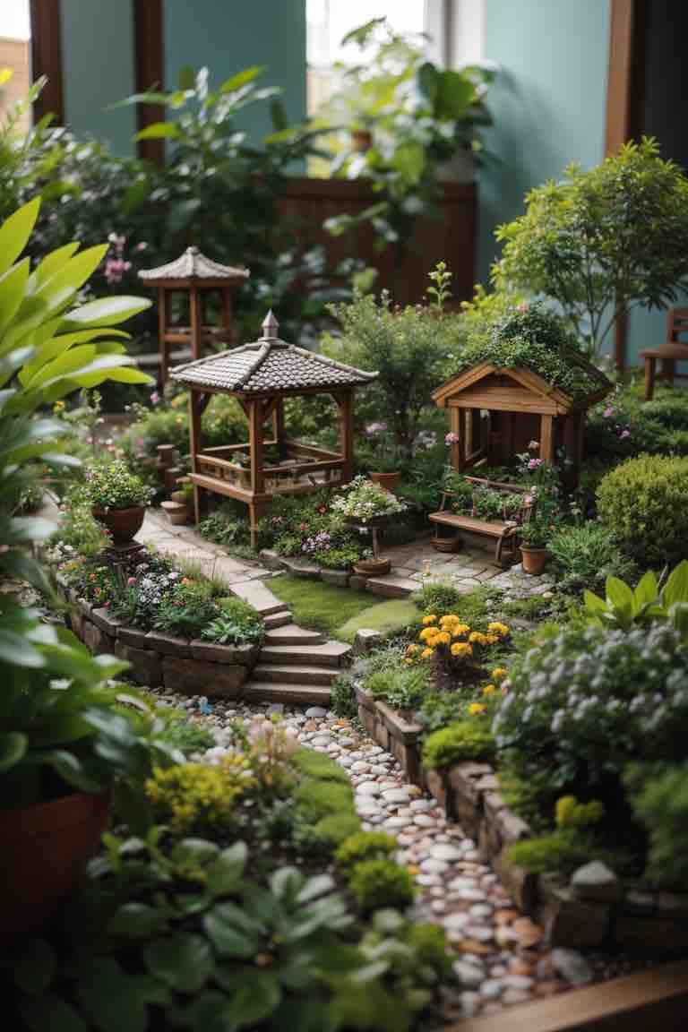 Imagen del modelo 01 de un jardín en miniatura. Se observa un pequeño espacio verde con senderos de piedras y varias estructuras de madera. El entorno está repleto de plantas, flores, árboles y otros elementos decorativos.