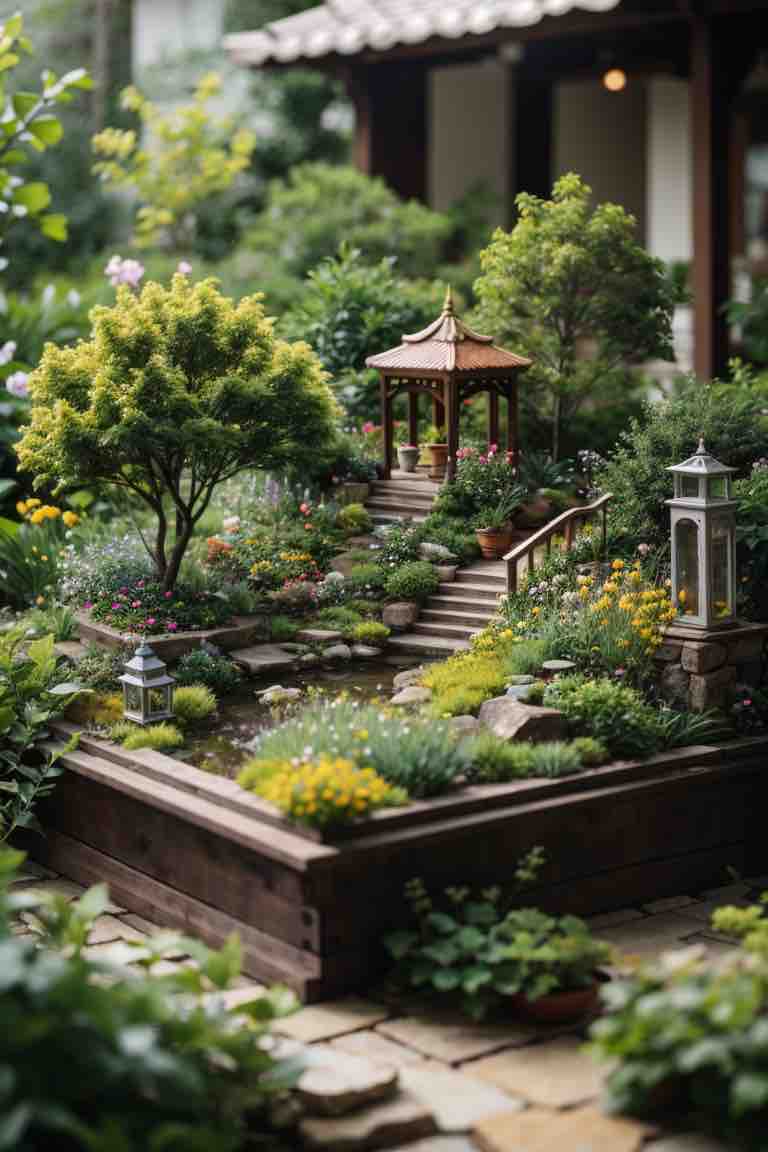 Imagen del modelo 04 de un jardín en miniatura. Se observa un pequeño espacio verde con escaleras de piedra y una estructura de madera. El entorno está repleto de una variada selección de plantas, flores, árboles, agua y otros elementos decorativos.