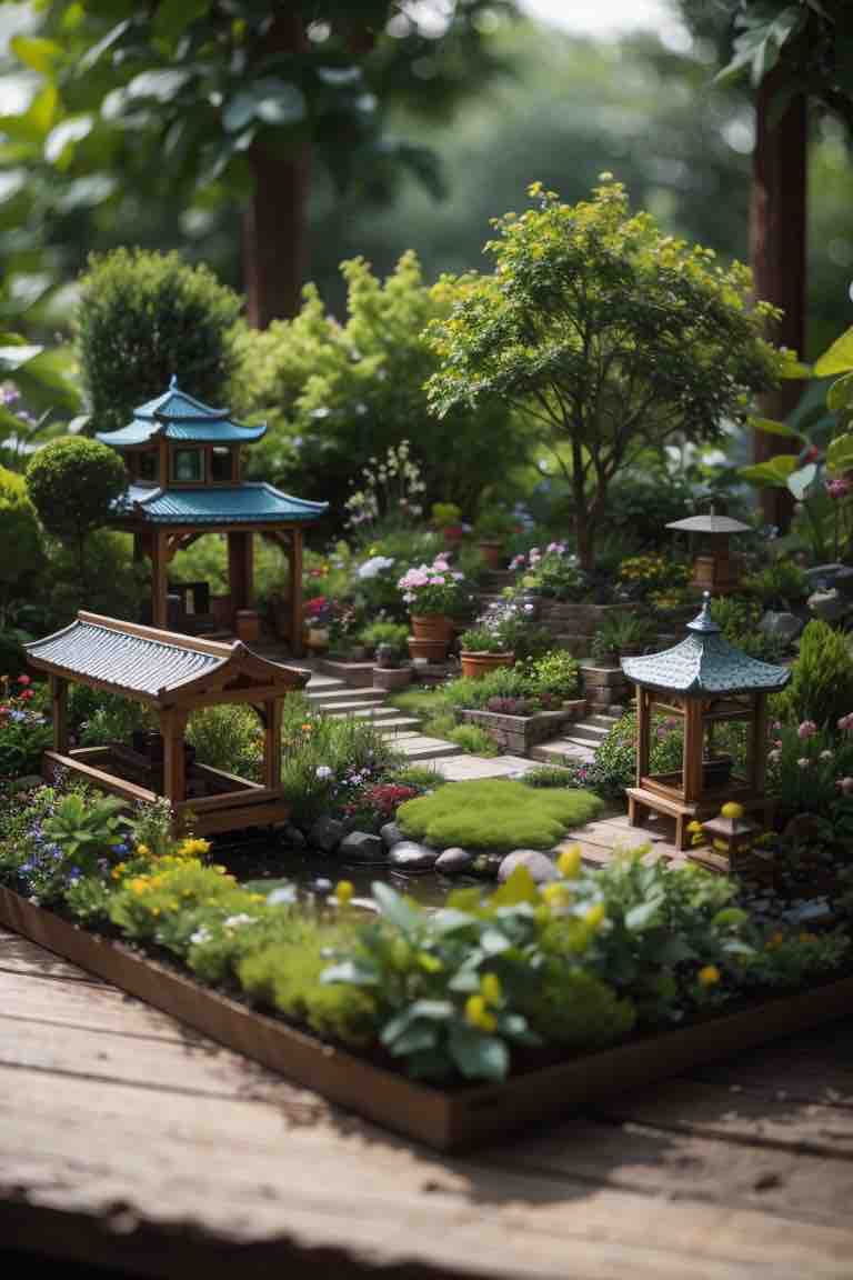 Imagen del modelo 05 de un jardín en miniatura. Se observa un pequeño espacio verde con escaleras y senderos de piedras, así como varias estructuras de madera. El entorno está repleto de una variedad de plantas, flores, árboles, agua y otros elementos decorativos.