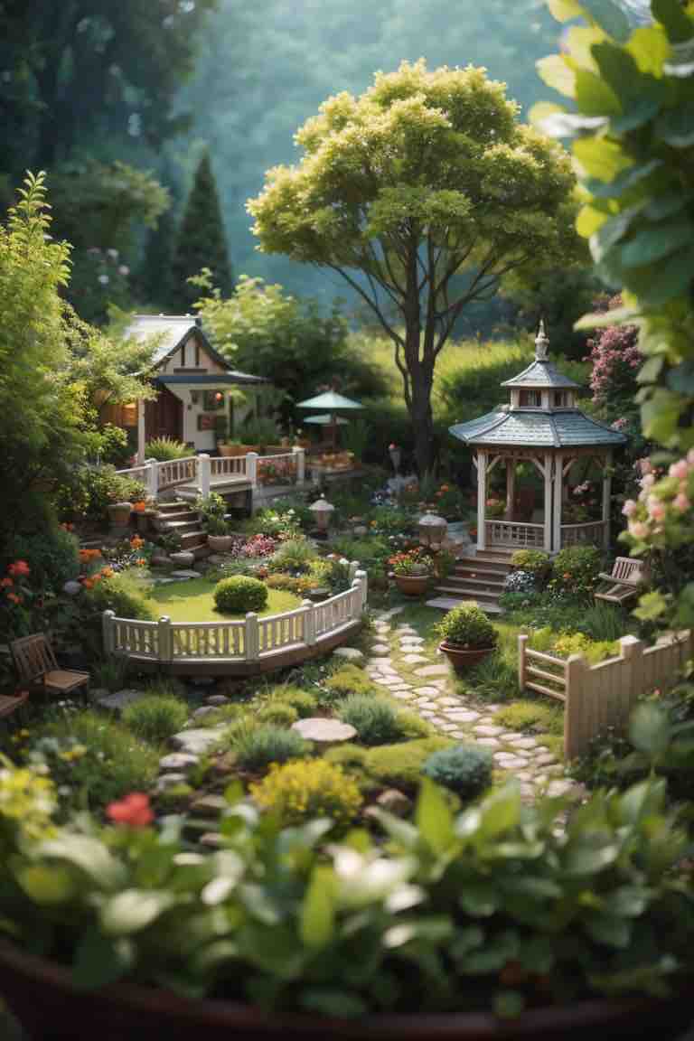 Imagen de un jardín en miniatura. Se trata de un pequeño espacio verde con un camino de piedras que conduce a una glorieta y a una casa. Está repleto de una variedad de flores, plantas, árboles, vallas de madera y otros elementos decorativos.